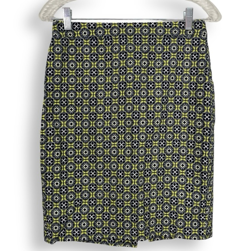 J. Crew Yellow Blue Pencil Skirt Geometric 100% Cotton Professional Work Sz 0 XS